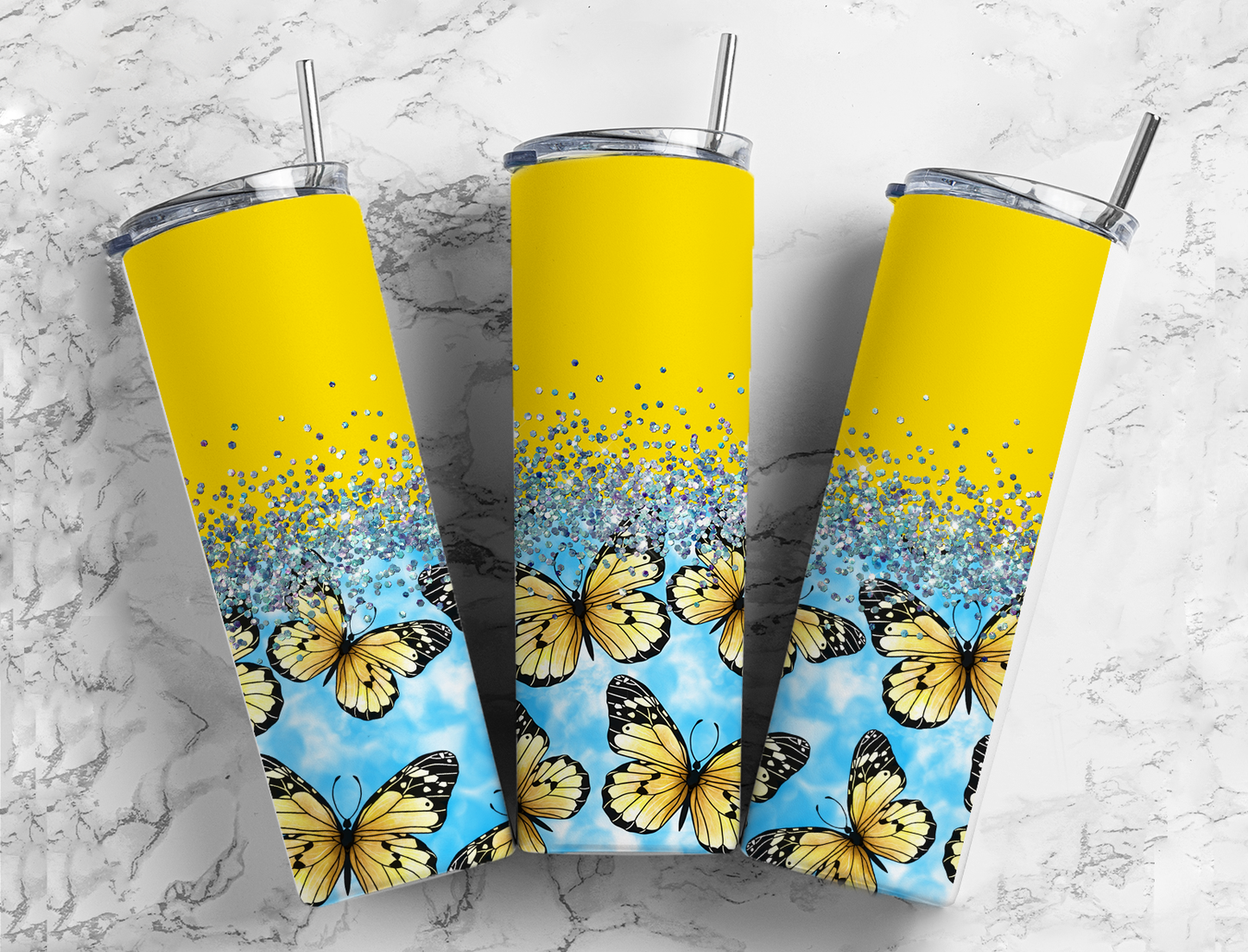 Glitter Yellow Butterflies in the Clouds Stainless Steel Tumbler