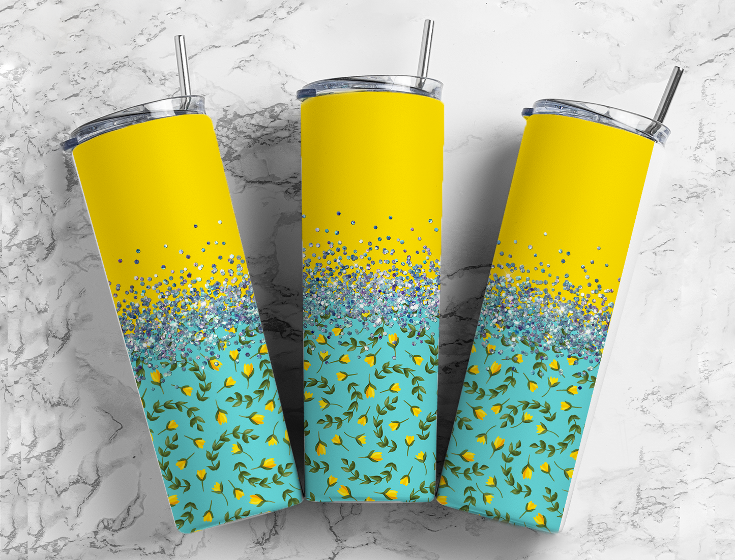 Glitter Yellow & Blue Spring Flowers Stainless Steel Tumbler