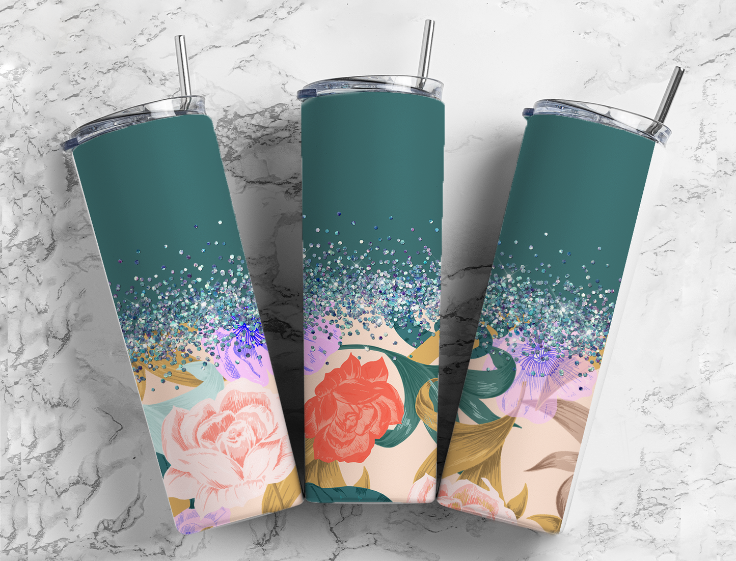 Glitter Colorful Flowers Stainless Steel Tumbler