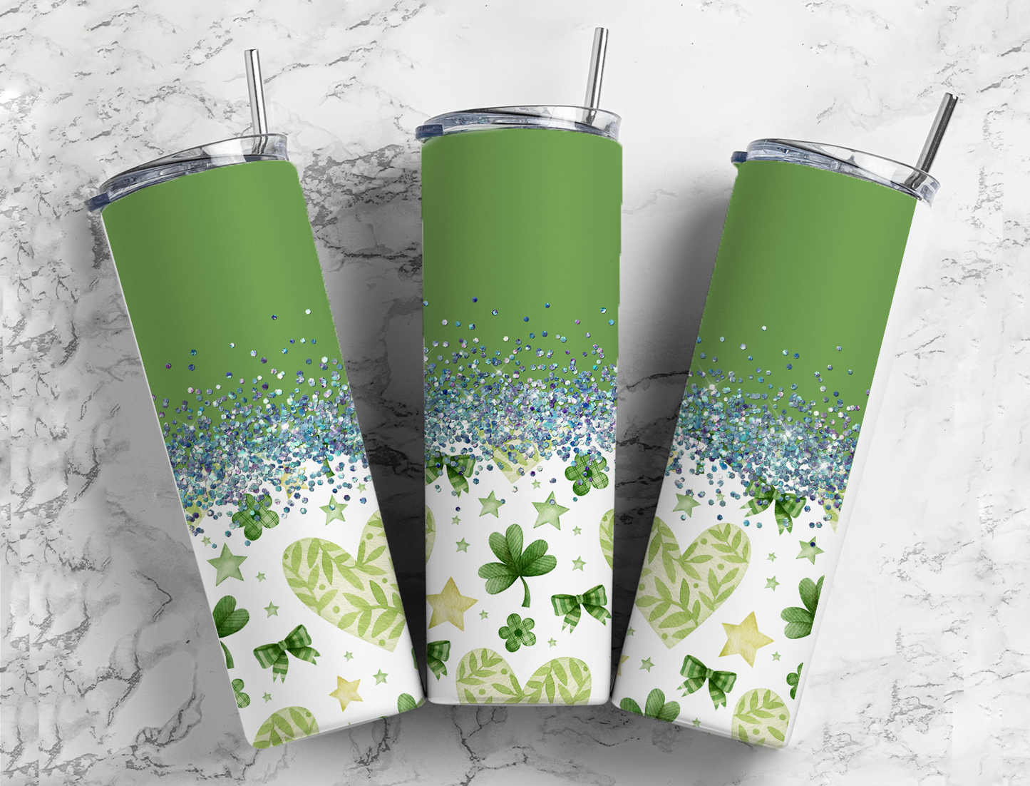 Glitter Green Hearts & Bows St. Patrick's Stainless Steel Tumbler