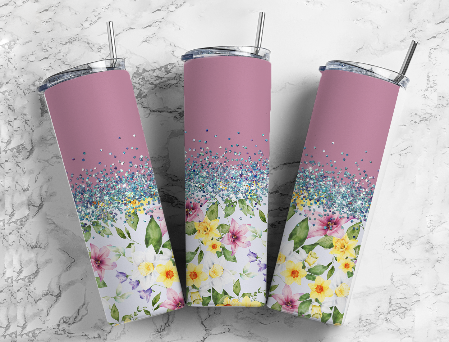 Glitter Mauve Clematis & Daffodil Stainless Steel Tumbler