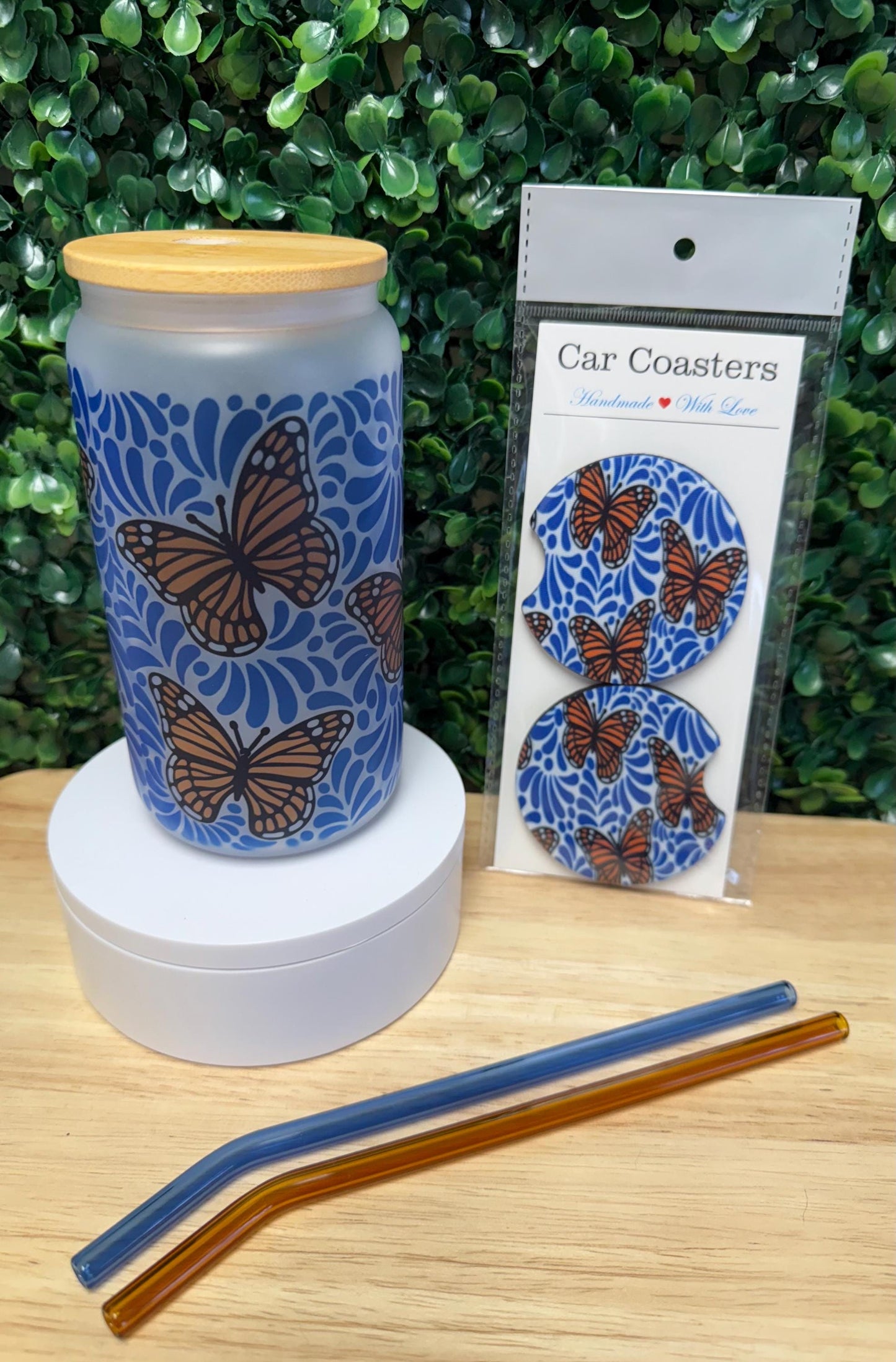Beautiful Butterflies Frosted Glass & Car Cup Coaster Set