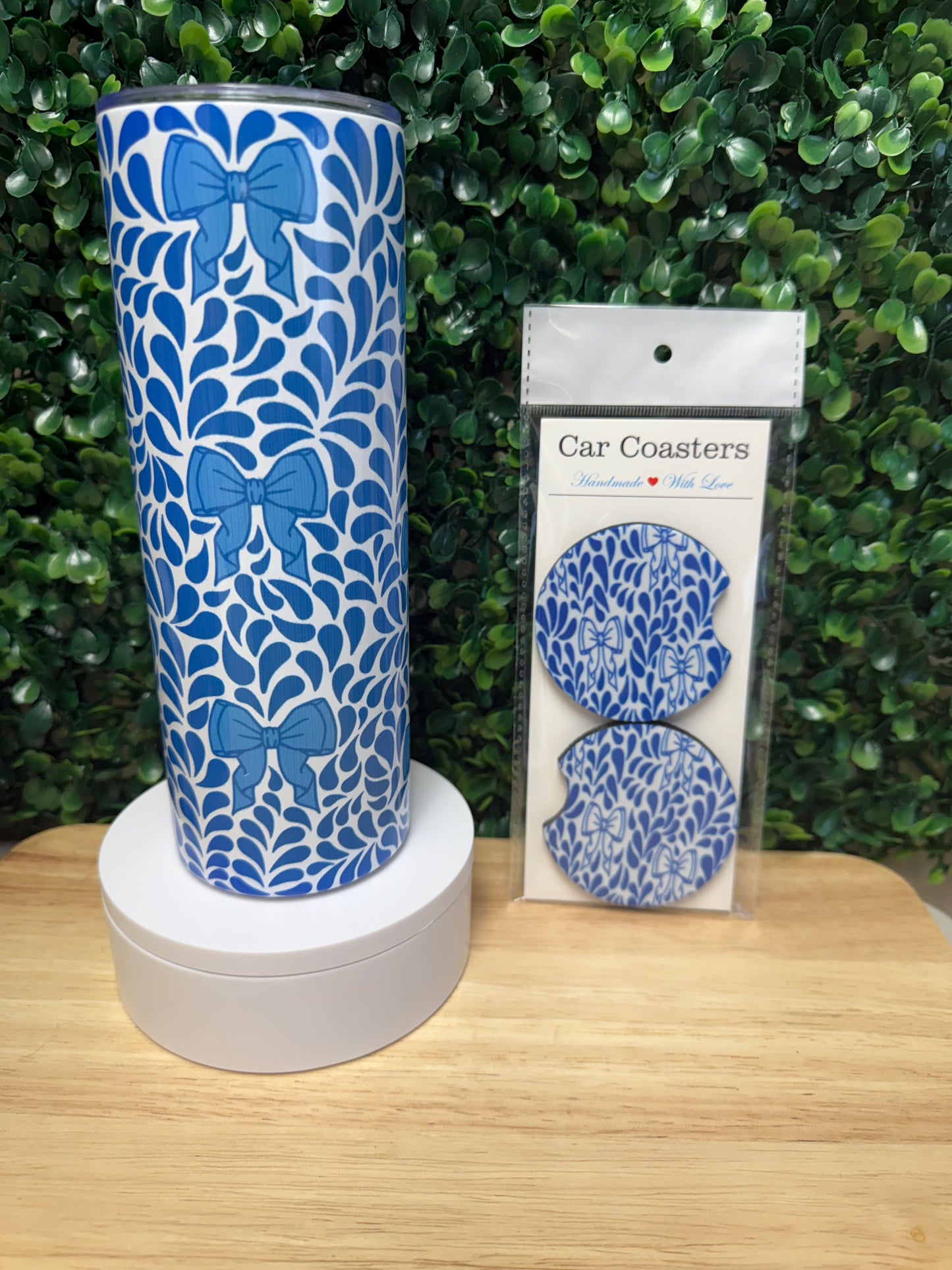Blue Talavera Bows Stainless Steel Tumbler & Matching Car Cup Coaster Set