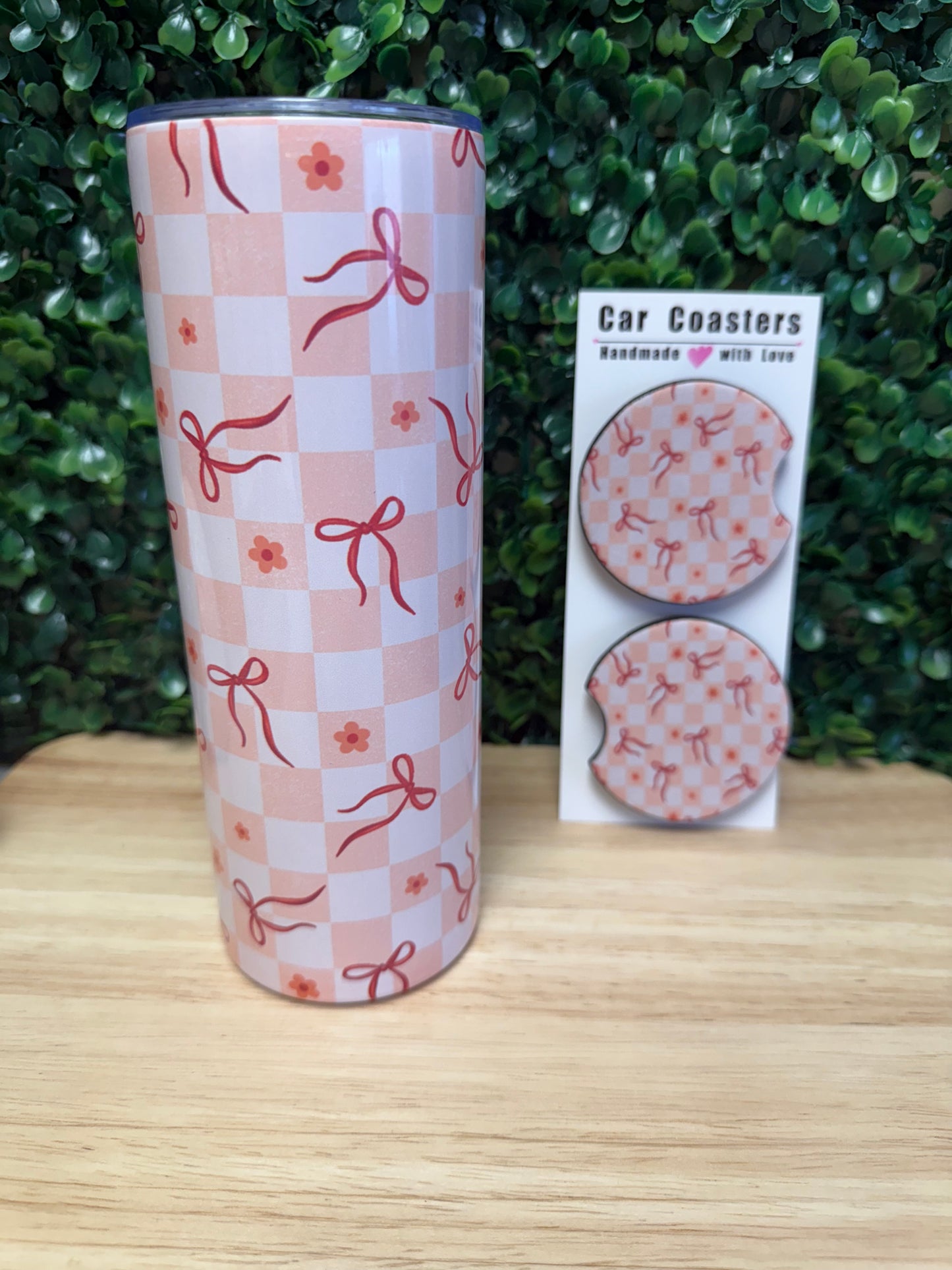 Checkered Pink Bows Stainless Steel Tumbler & Matching Car Cup Coaster Set
