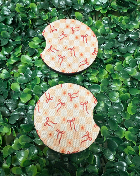 Checkered Pink Bows Car Cup Coasters