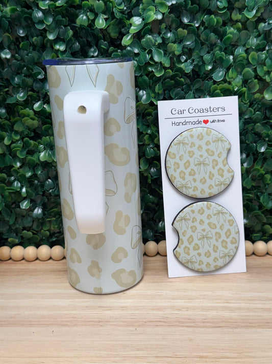 Coquette Cheetah print bows tumbler with a handle & FREE matching set of car coasters!