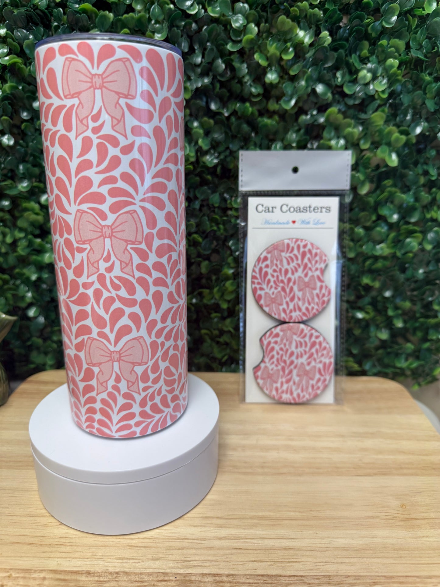 Pink Talavera Bows Stainless Steel Tumbler & Matching Car Cup Coaster Set