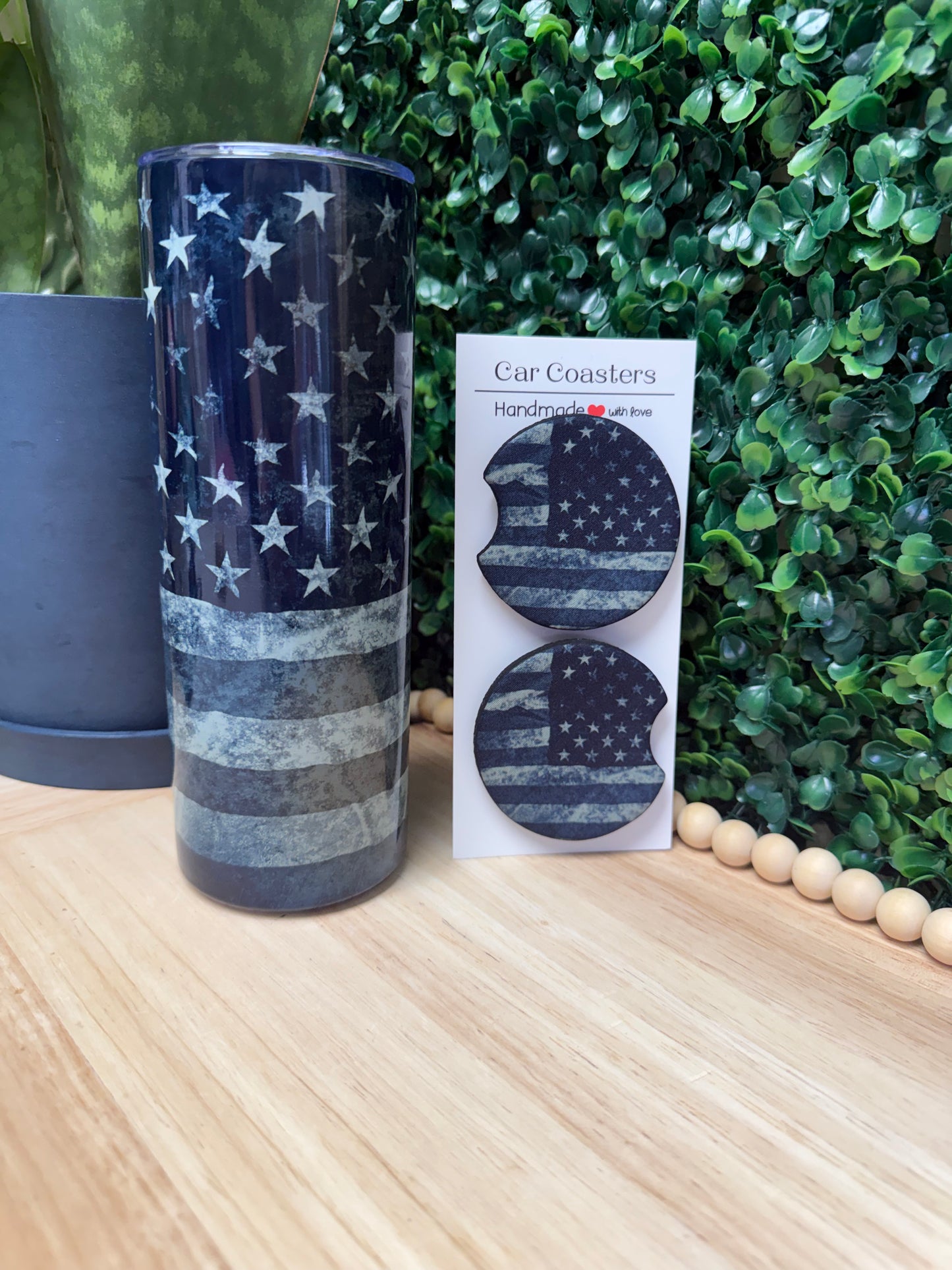 Black American Flag 20 oz Tumbler W/ FREE matching set of Car Coasters!