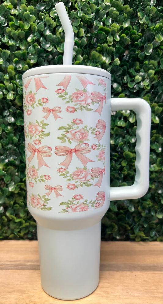 Vintage Bows & Pink Roses 40 Oz Mint Green Stainless Steel Tumbler