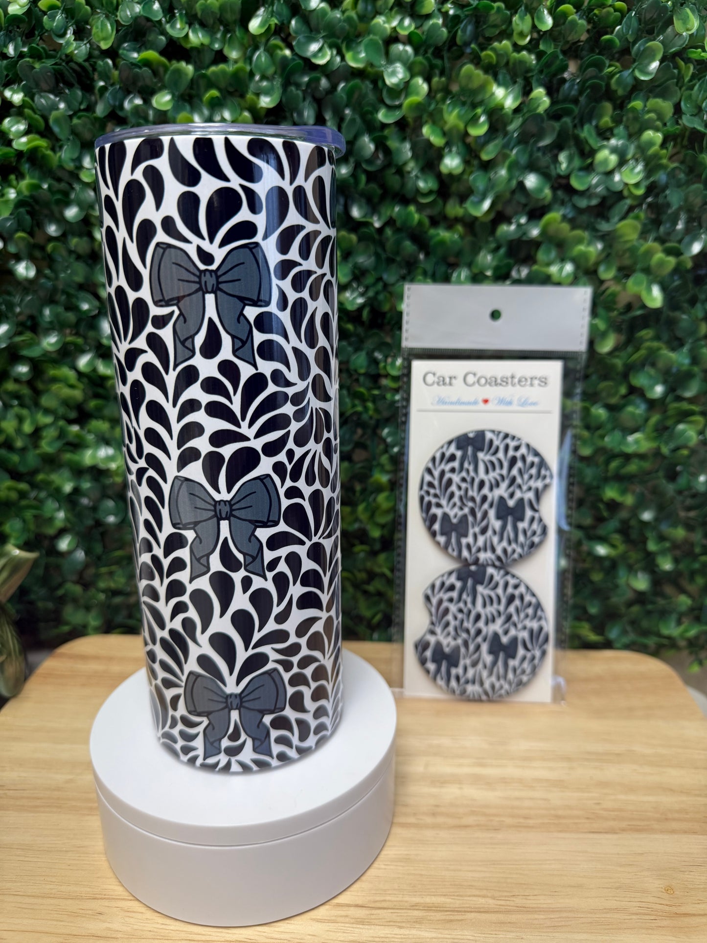 Black Talavera Bows Stainless Steel Tumbler & Matching Car Cup Coaster Set