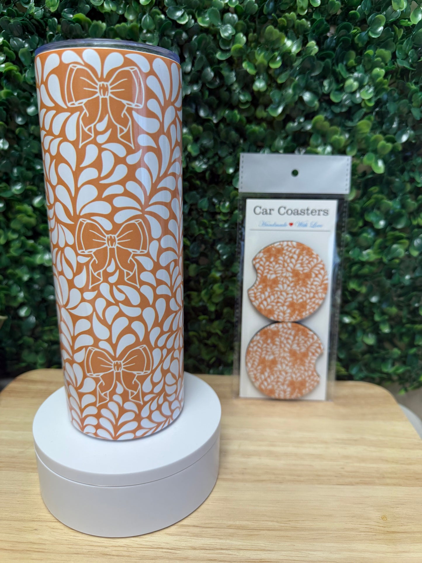 Orange Clay Talavera Bows Stainless Steel Tumbler & Matching Car Cup Coaster Set
