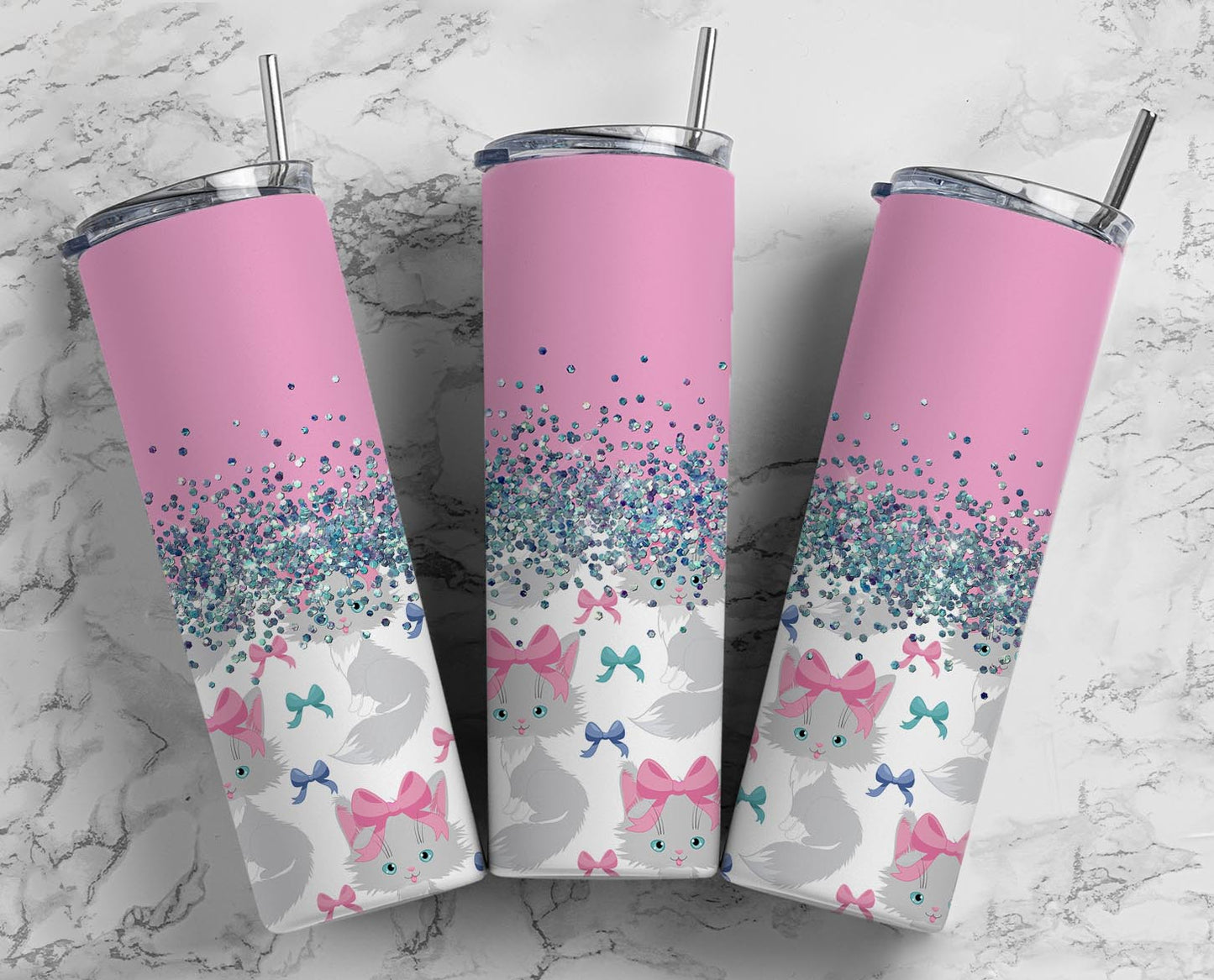 Glitter Pink Kitty W/Bows Stainless Steel Tumbler