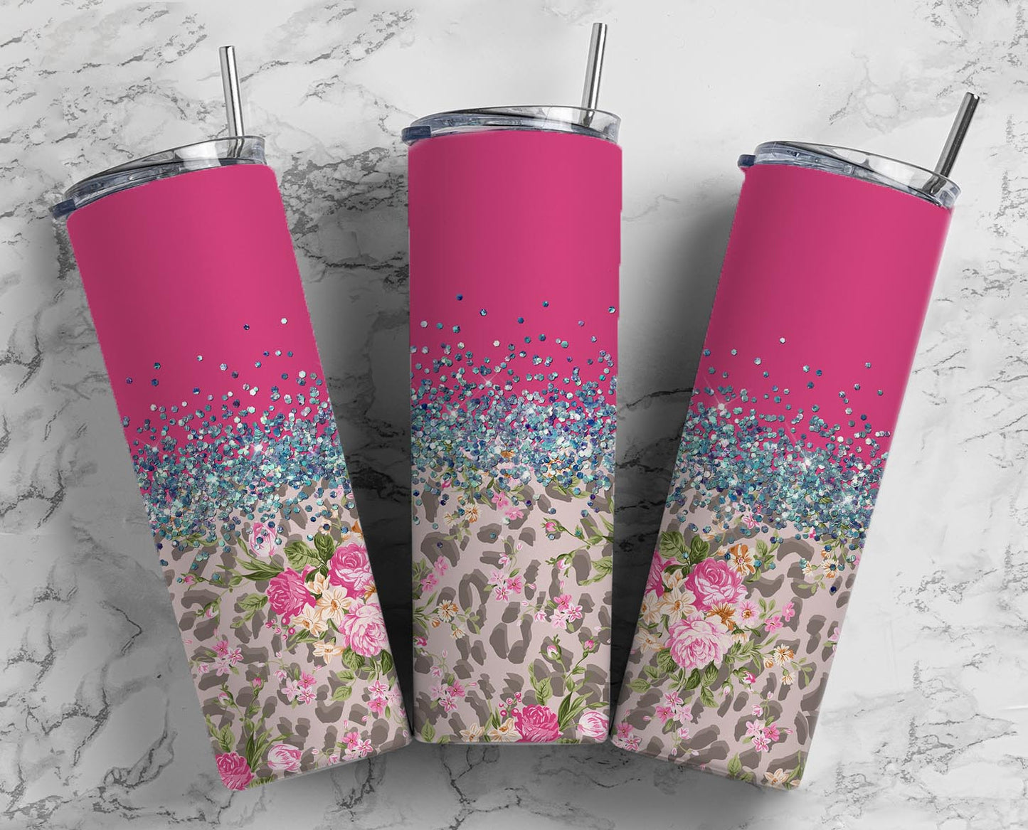 Glitter Split Pink Cheetah Rose Stainless Steel Tumbler