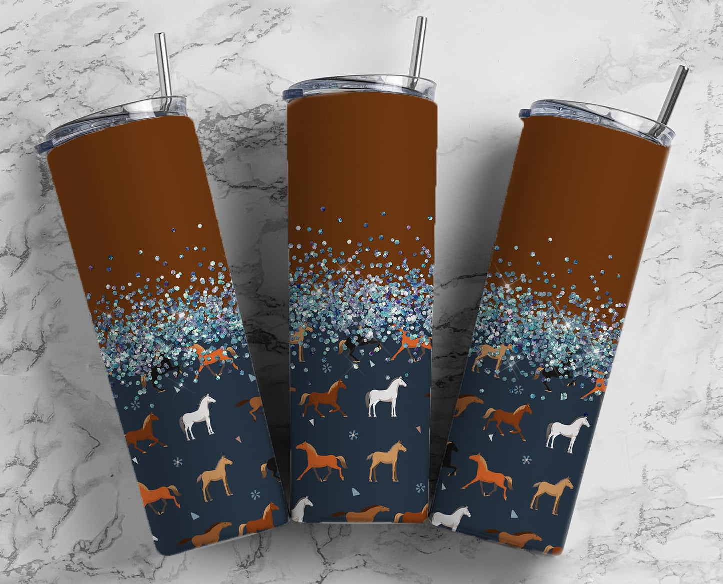 Glitter Split Brown & Blue Horses Stainless Steel Tumbler