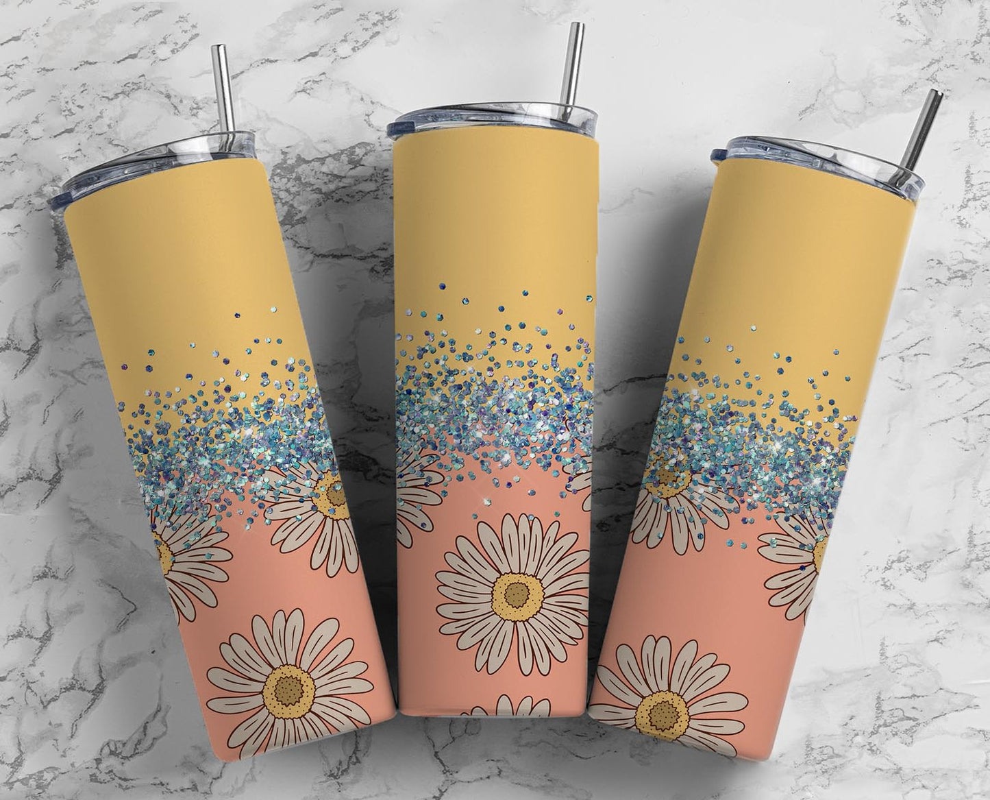Glitter Split Gold & Pink Daisies Stainless Steel Tumbler