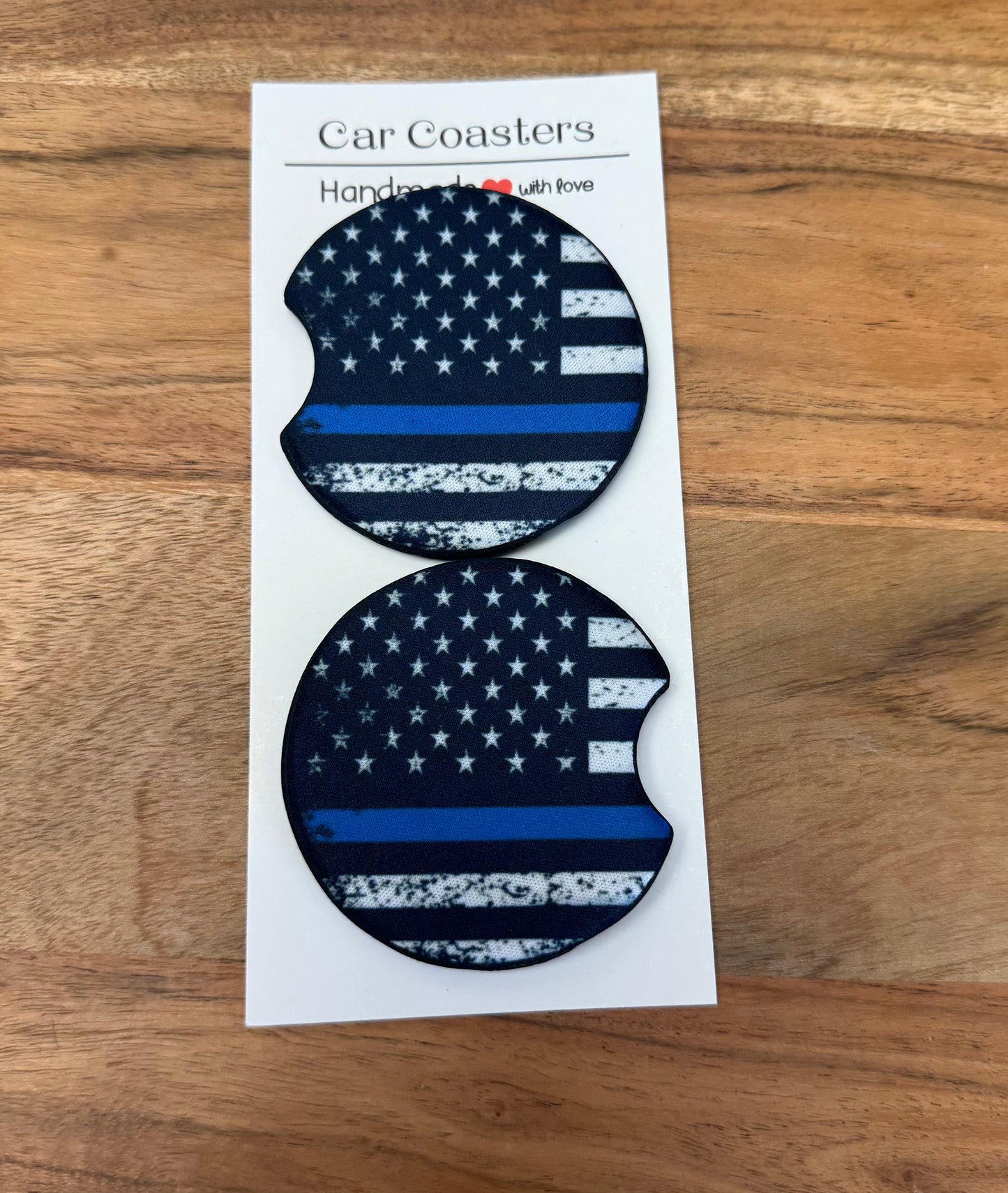 Flag with blue stripe/police car cup coasters