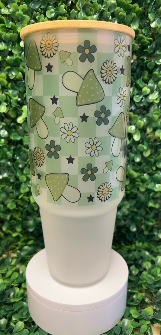 Green Checkered Mushroom 40 Oz Frosted Glass Tumbler