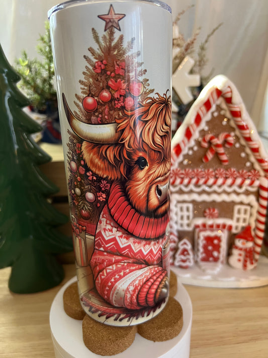 Highland Cow in Sweater Pink Christmas Stainless Steel Tumbler