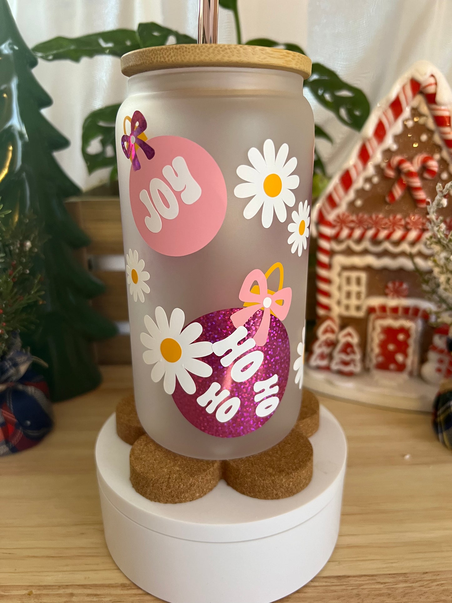Pink Christmas Ornaments Frosted Beer Can Glass