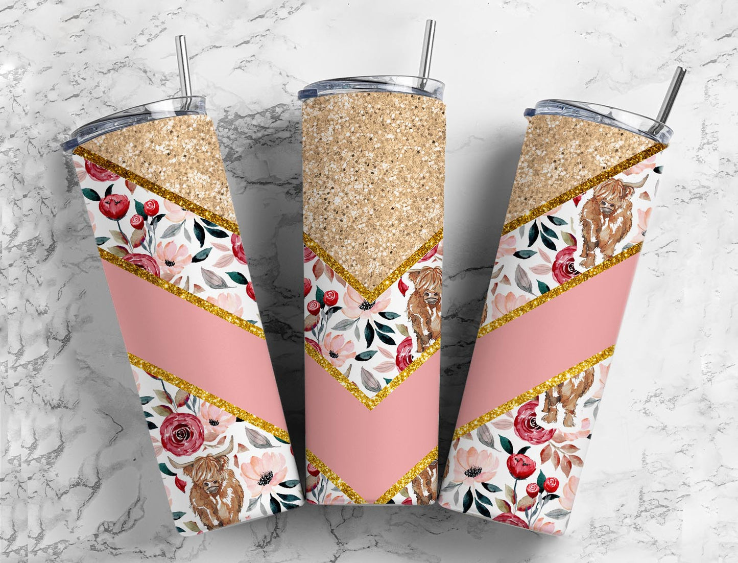 Split V Pink & Gold Glitter Highland Cow Stainless Steel Tumbler