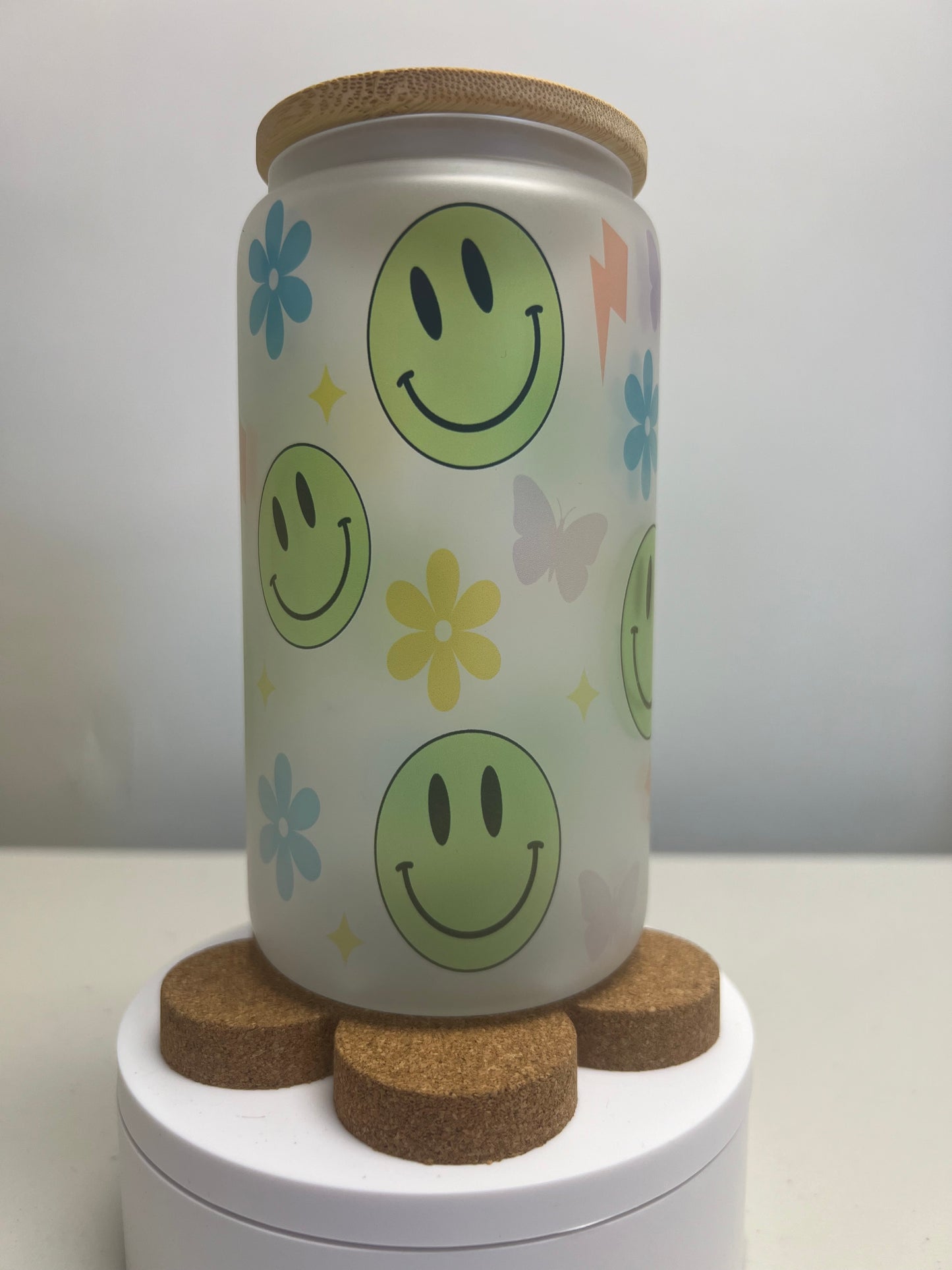 Green Smiley Face Frosted Glass