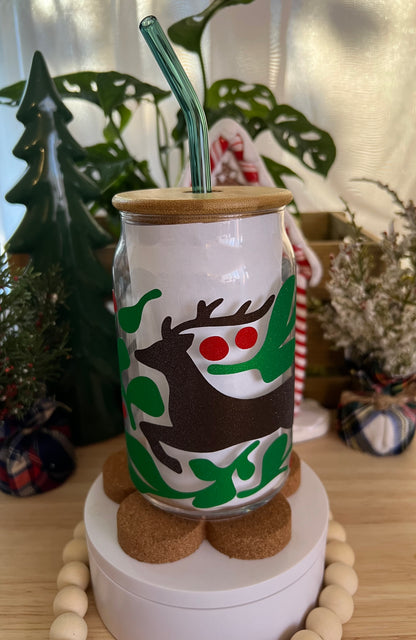 Reindeer with Leaves & Berries Beer Can Glass