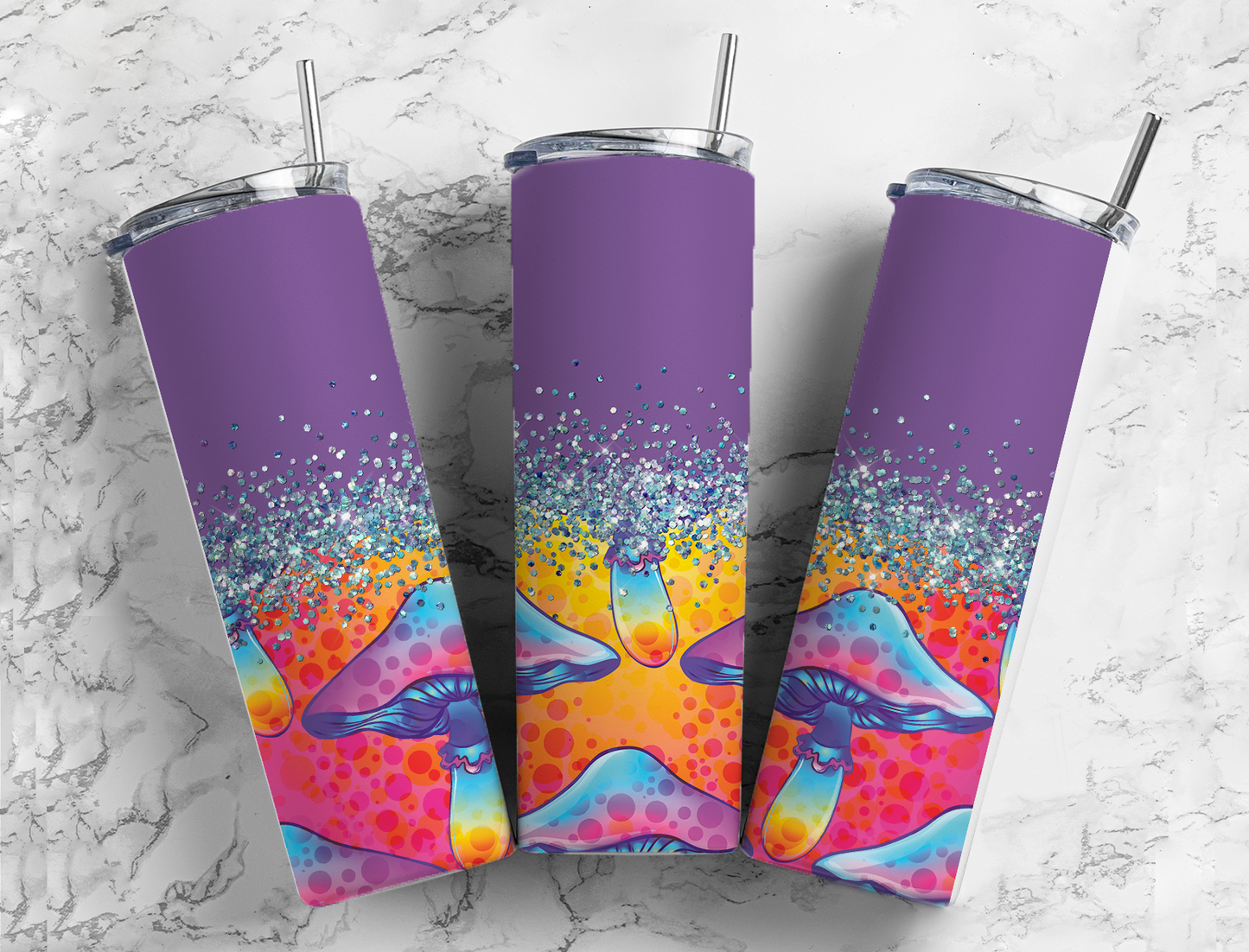 Glitter Purple Rainbow Mushrooms Stainless Steel Tumbler