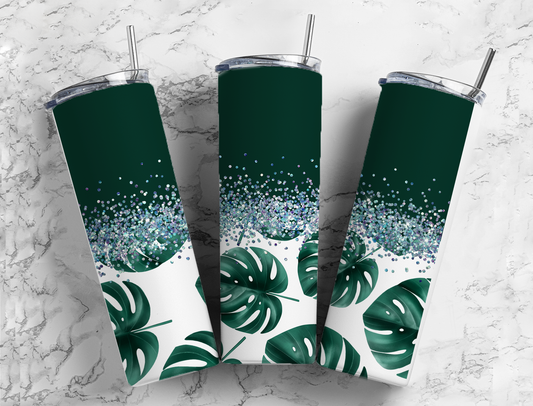 Glitter Green Monstera Leaves Stainless Steel Tumbler