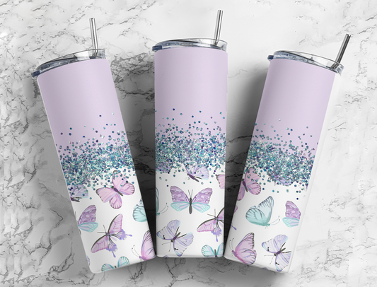 Glitter Lilac W/ Purple Butterflies Stainless Steel Tumbler