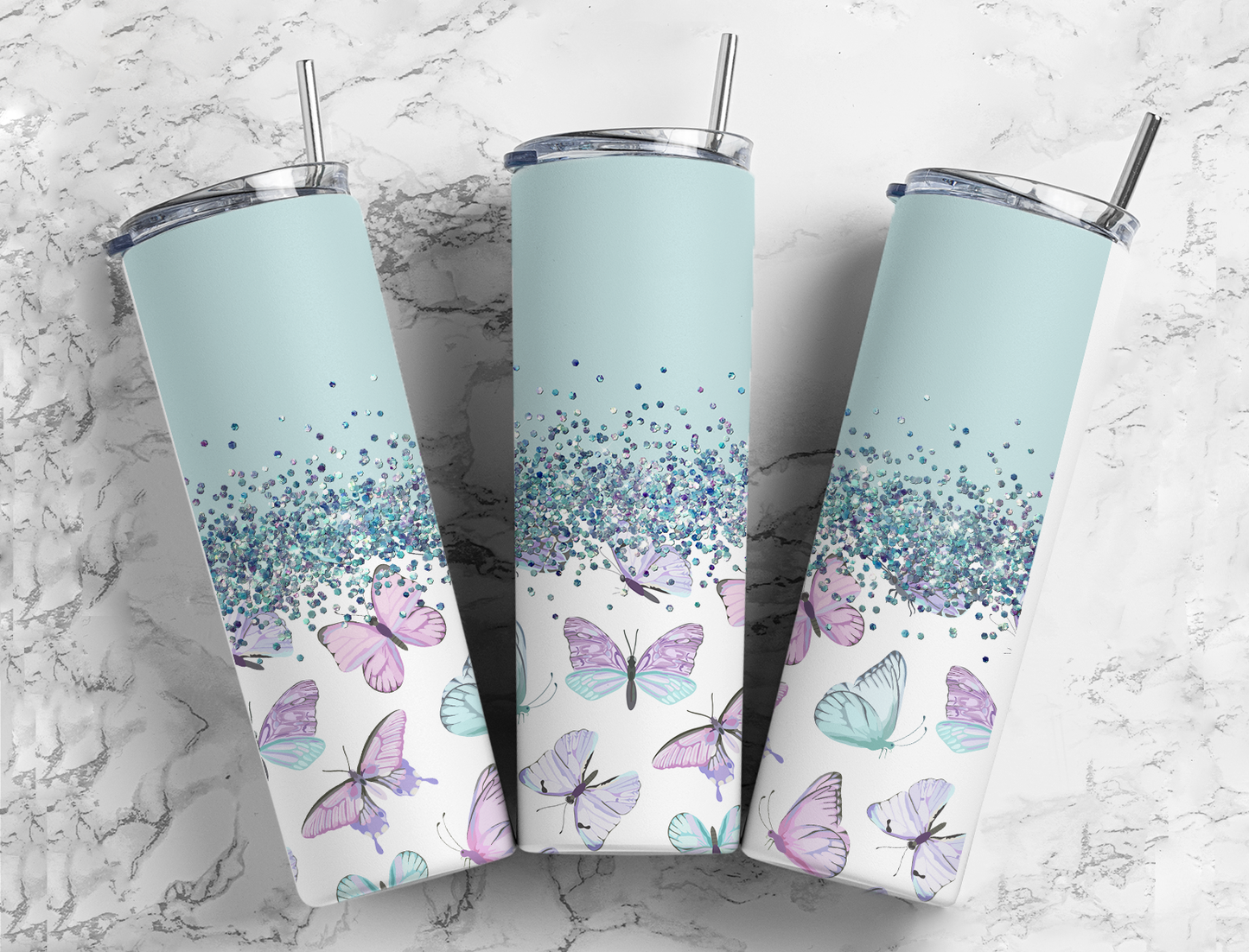 Glitter Light Blue W/ Purple Butterflies Stainless Steel Tumbler