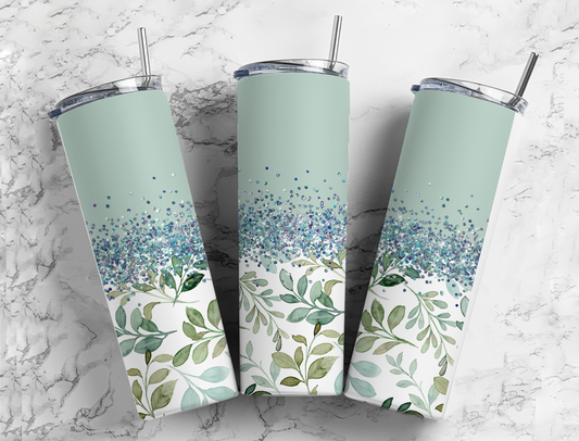 Glitter Light Green Leaves Stainless Steel Tumbler