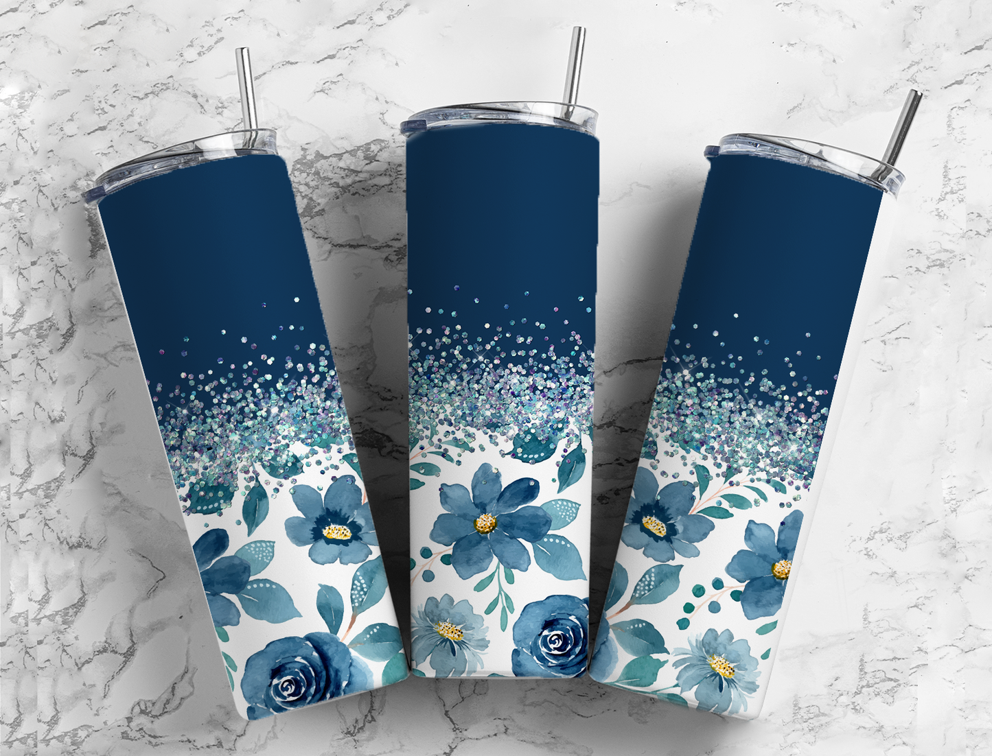 Glitter Blue Flowers Stainless Steel Tumbler