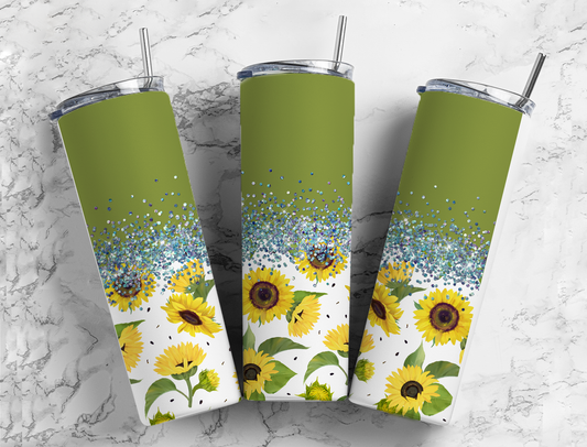 Glitter Split Green Sunflowers Stainless Steel Tumbler