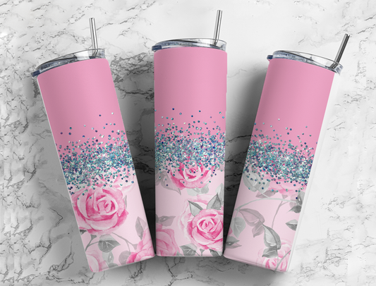 Glitter Pink Rose Stainless Steel Tumbler