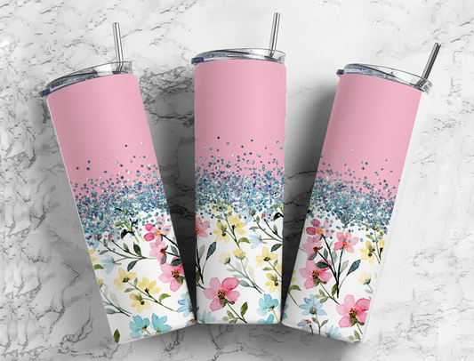 Glitter Pink Wild Flowers Stainless Steel Tumbler