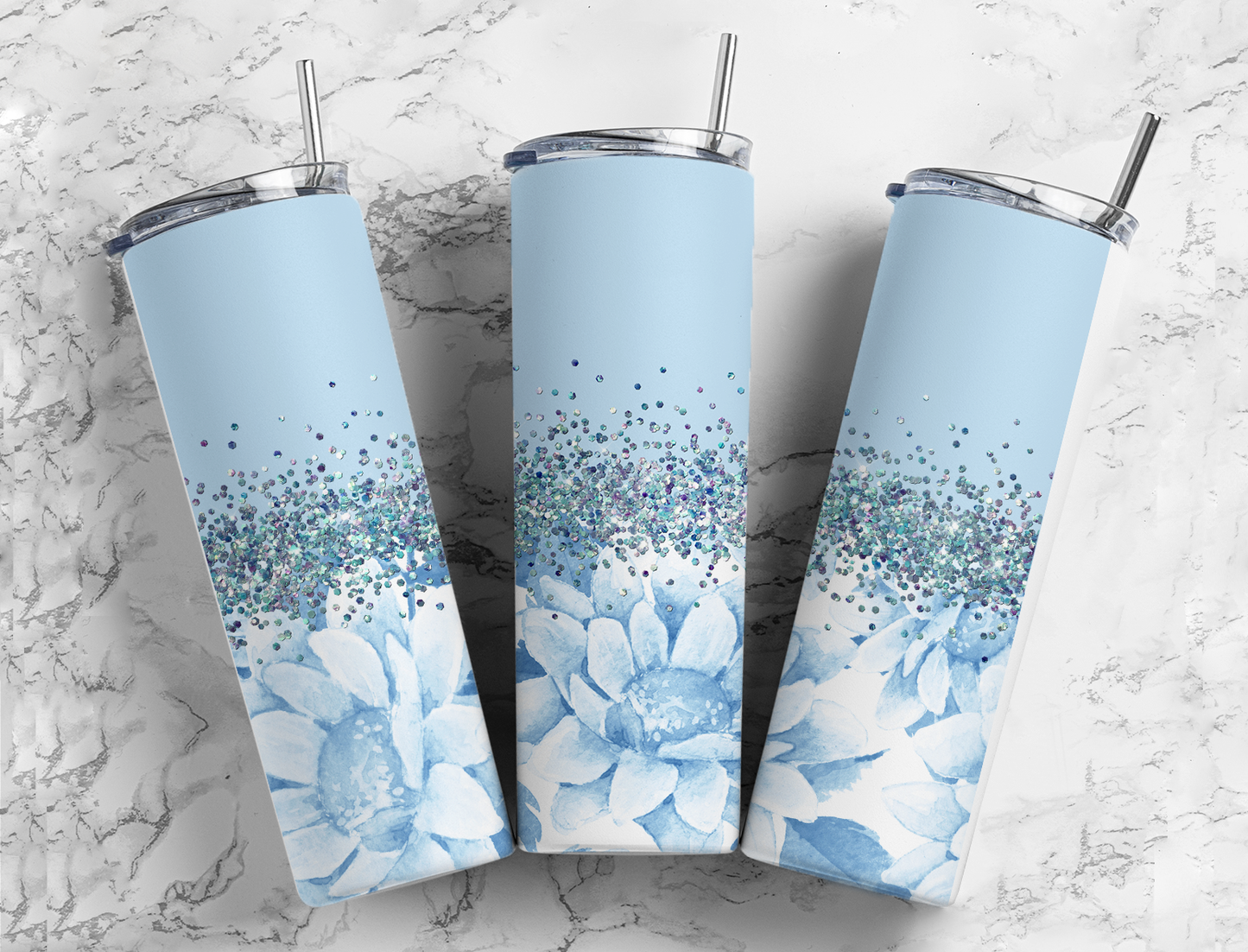 Glitter Baby Blue Flowers Stainless Steel Tumbler