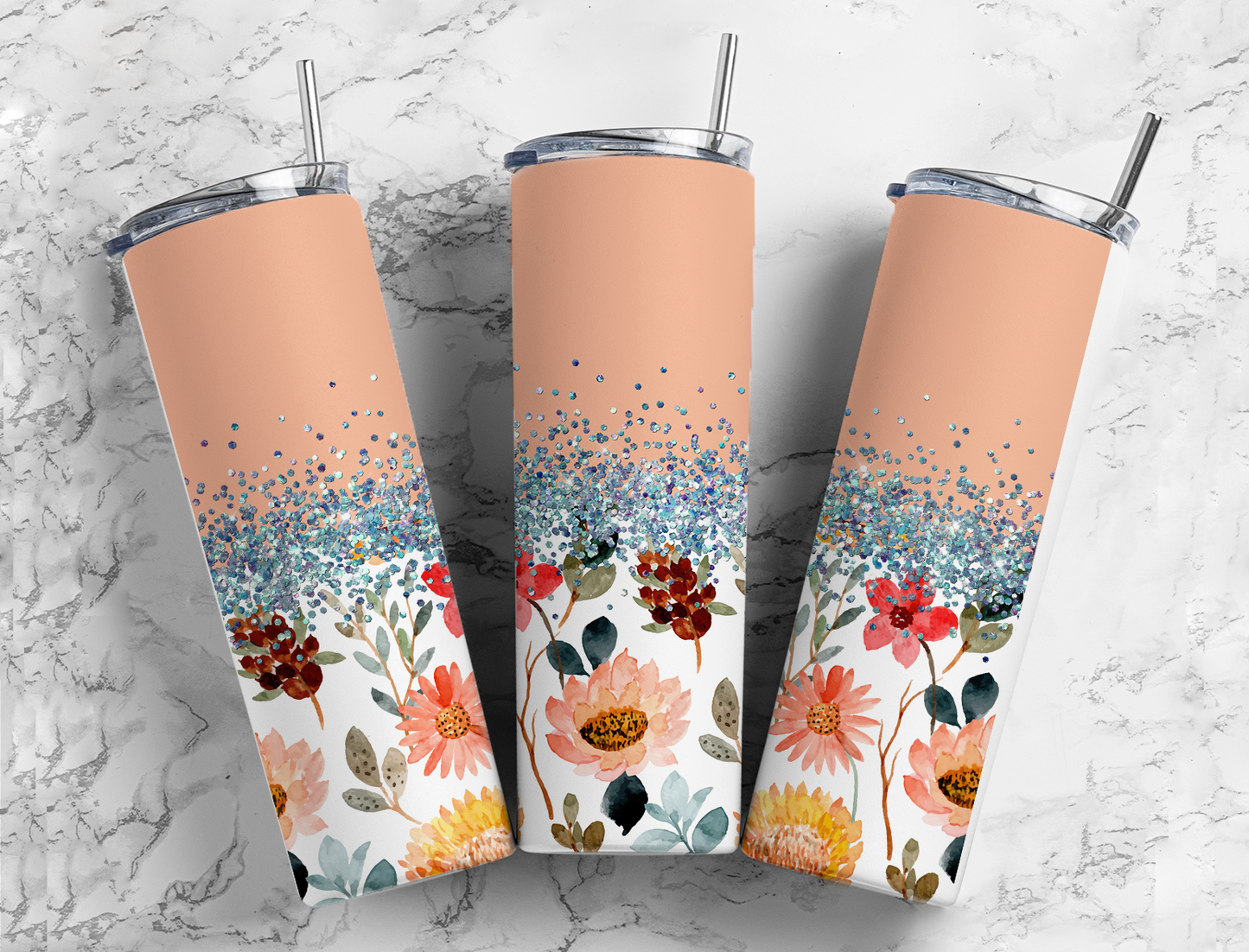 Glitter Pastel Flowers Stainless Steel Tumbler