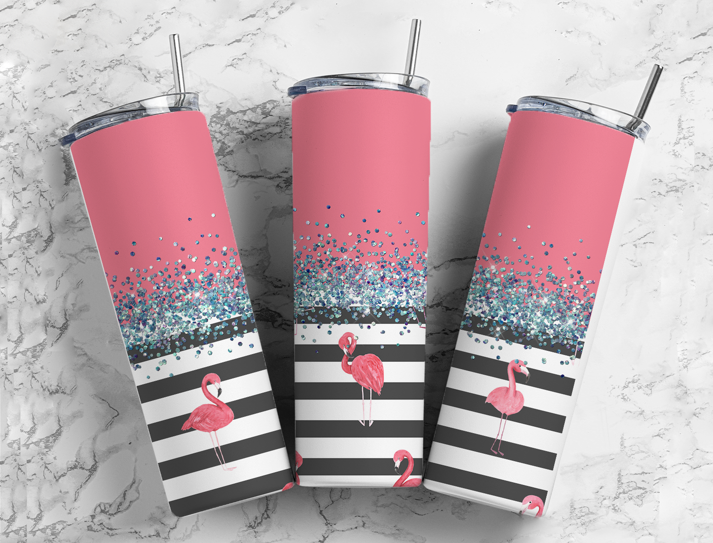 Glitter Black & White Striped Flamingo Stainless Steel Tumbler