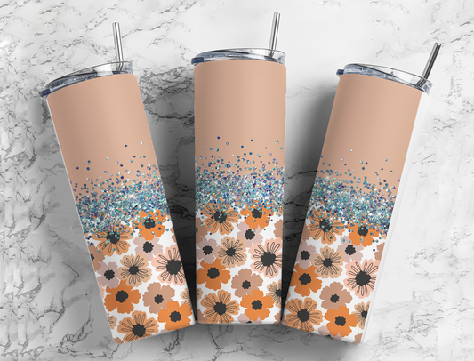 Glitter Beige Flowers Stainless Steel Tumbler