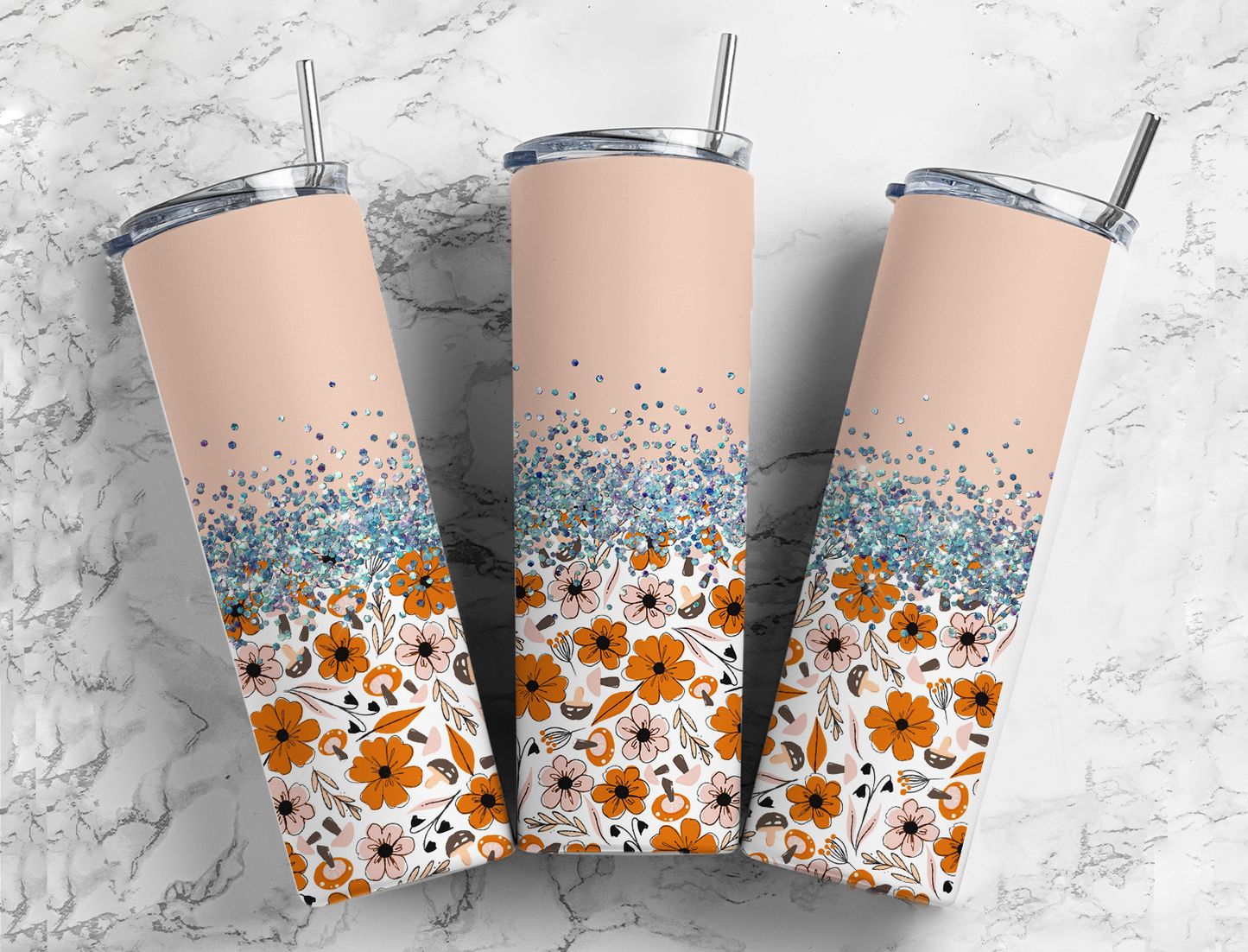 Glitter Orange Flowers & Mushrooms Stainless Steel Tumbler