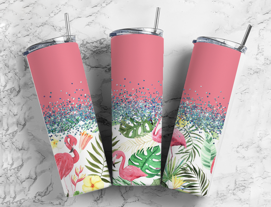 Glitter Flamingo's & Monstera Stainless Steel Tumbler