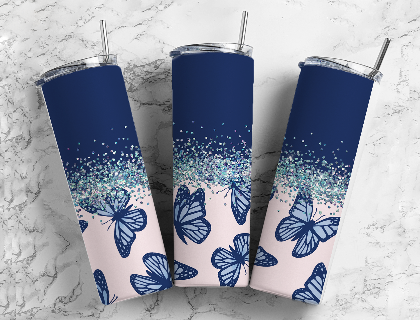 Glitter Blue Butterflies Stainless Steel Tumbler