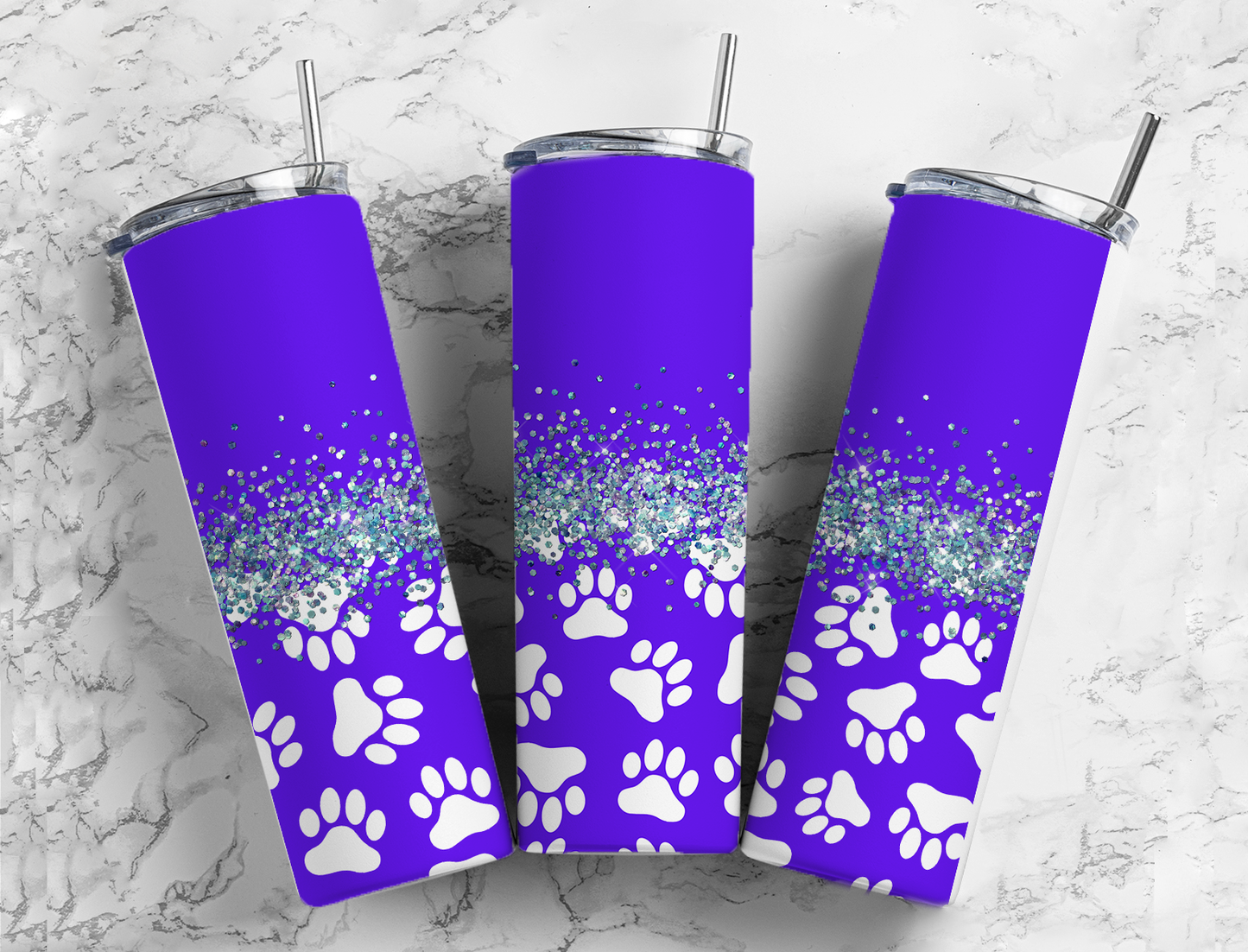 Glitter Purple Paw Prints Stainless Steel Tumbler