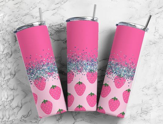 Glitter Pink Strawberry Stainless Steel Tumbler