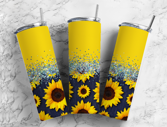 Glitter Denim Sunflower Stainless Steel Tumbler