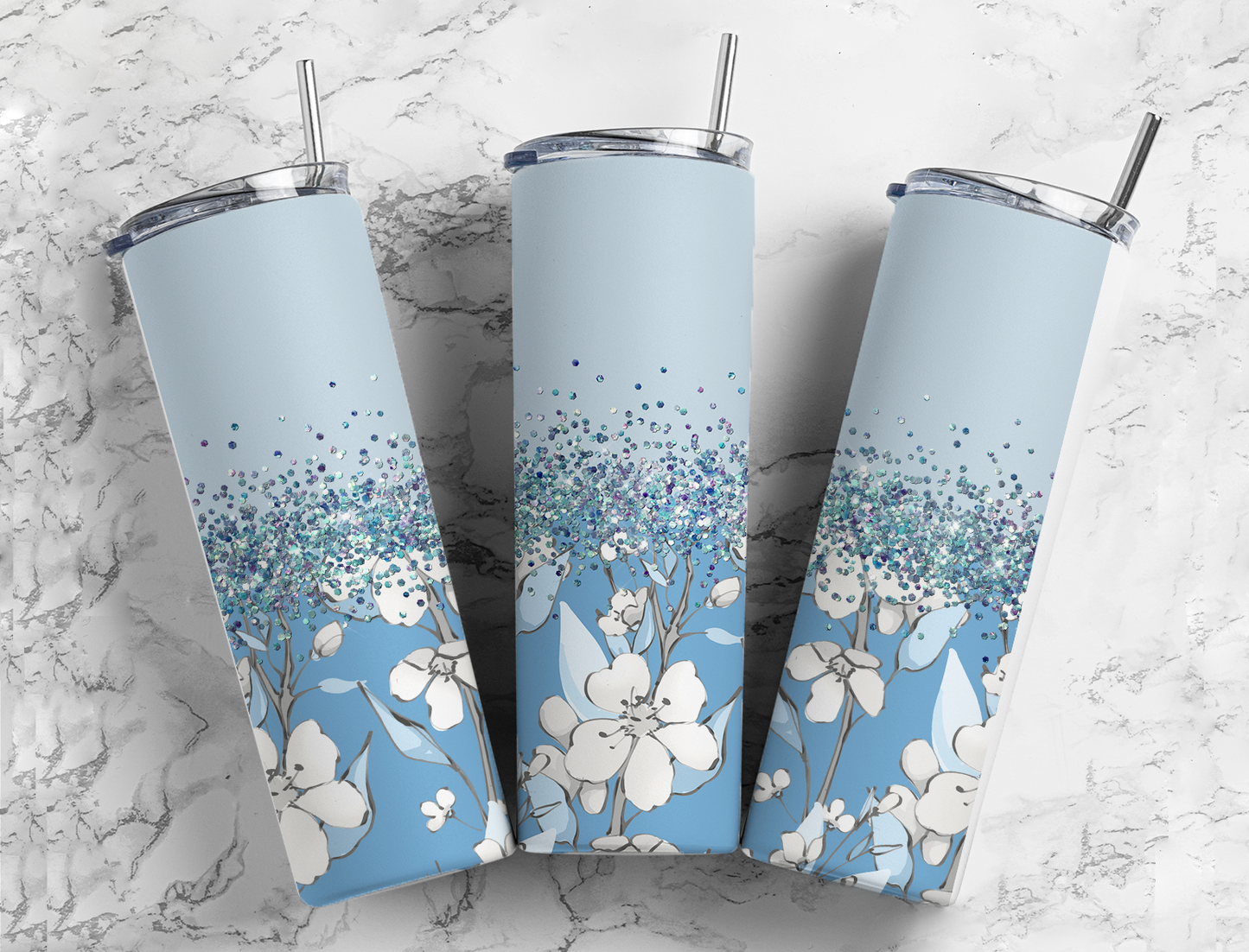 Glitter Blue W/White Flowers Stainless Steel Tumbler