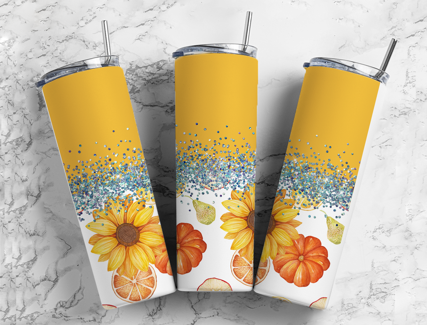 Glitter Sunflowers W/ Fruit  Stainless Steel Tumbler