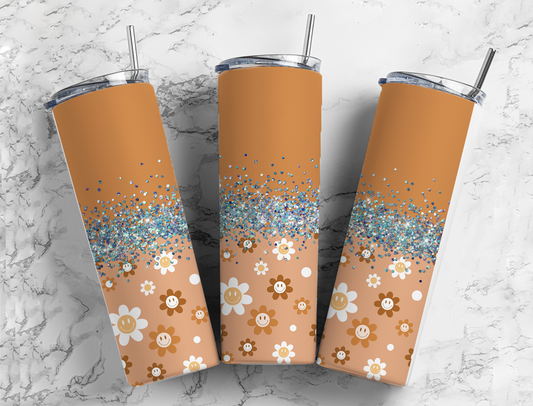 Glitter Earth Tones Smiley Face Flowers Stainless Steel Tumbler