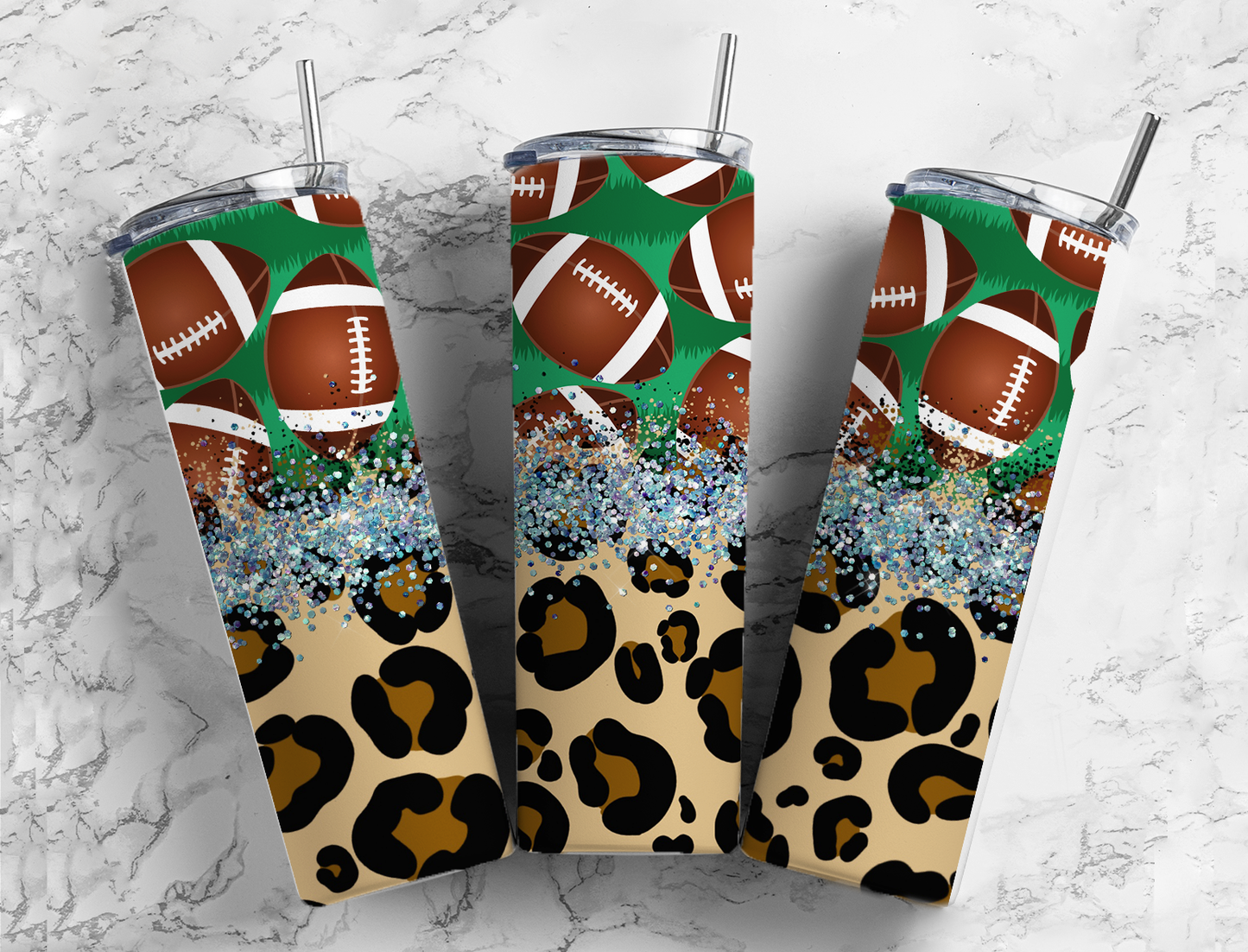 Glitter Football & Cheetah Print Stainless Steel Tumbler