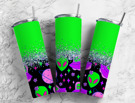 Glitter Neon Green Alien UFO Stainless Steel Tumbler